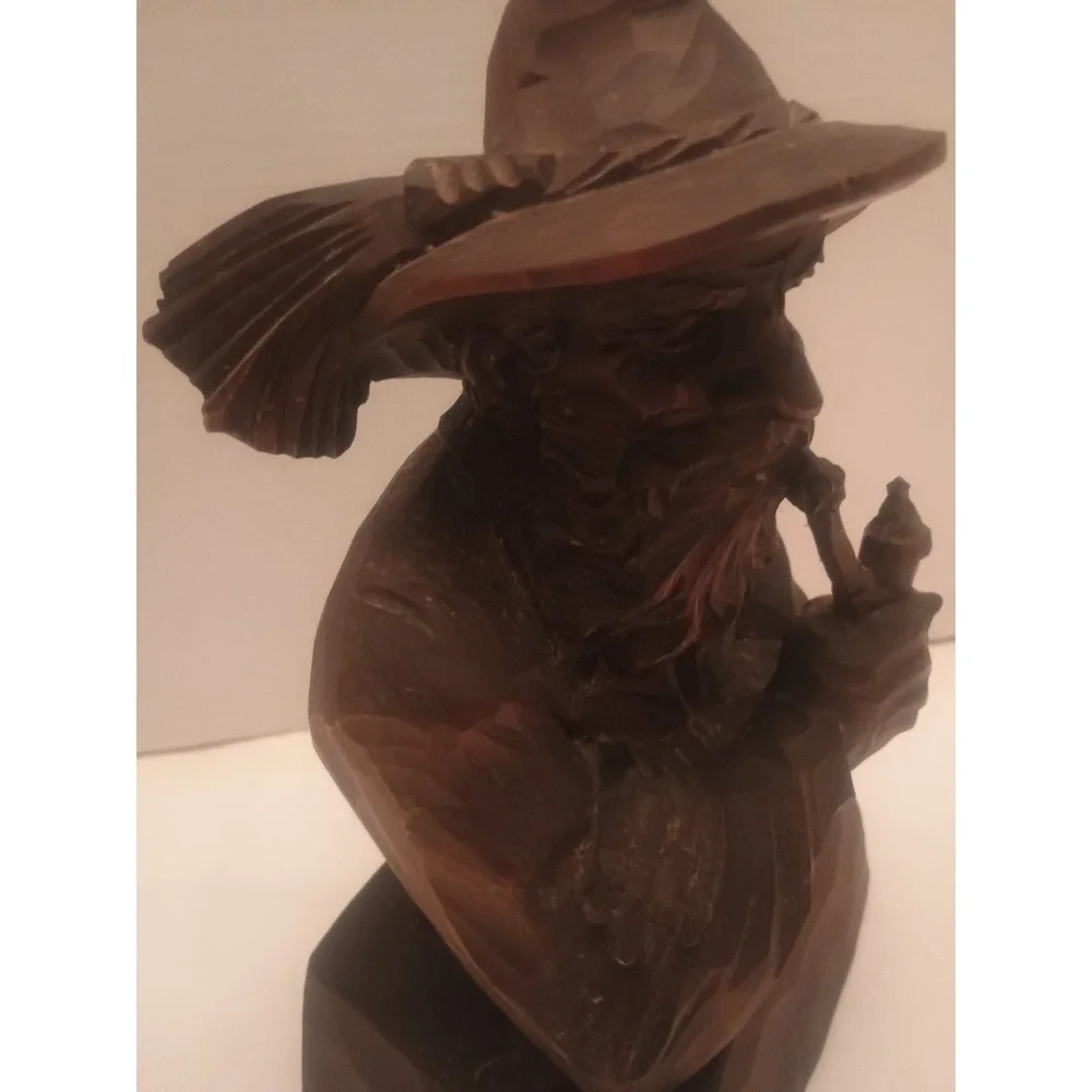 Vintage Folk Art Wood Carving Old Man Smoking Pipe Rustic